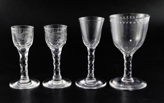 Four facet-stemmed drinking glasses, late 18th century, H. 15.8 - 16.5cm